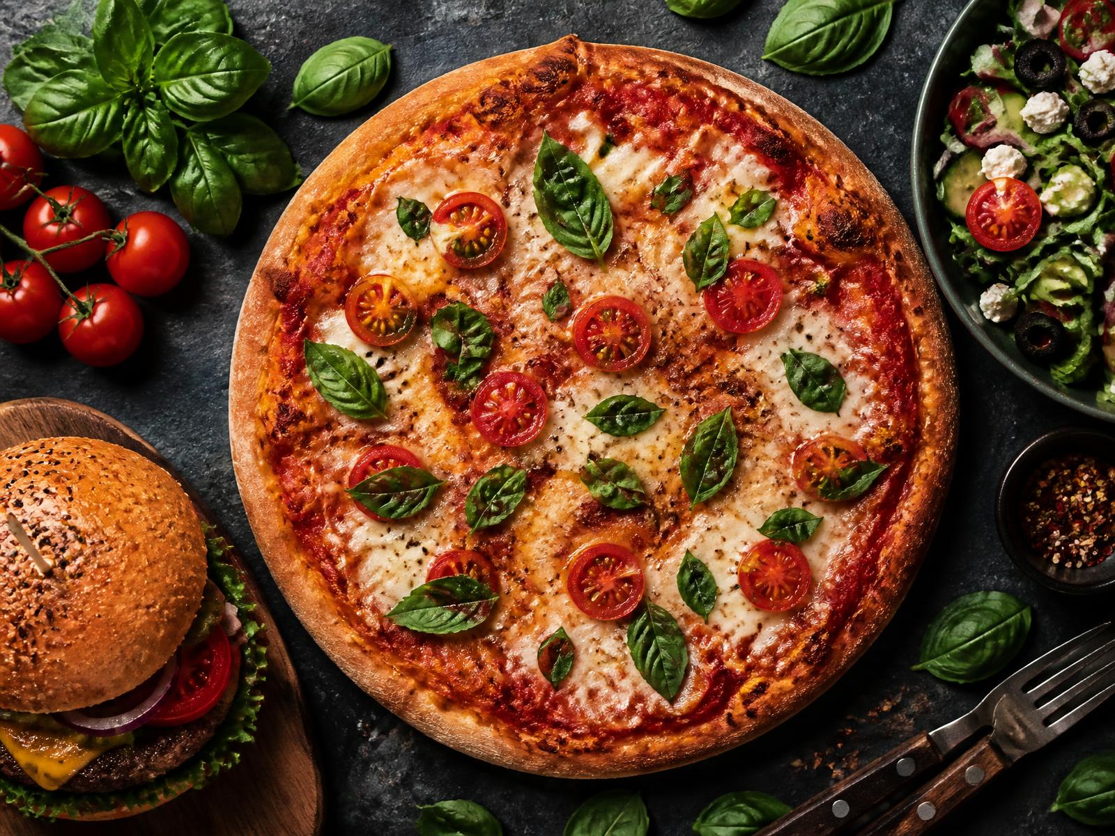 Frisch gebackene Pizza, Burger und Salat von Fresh & Tasty Darmstadt